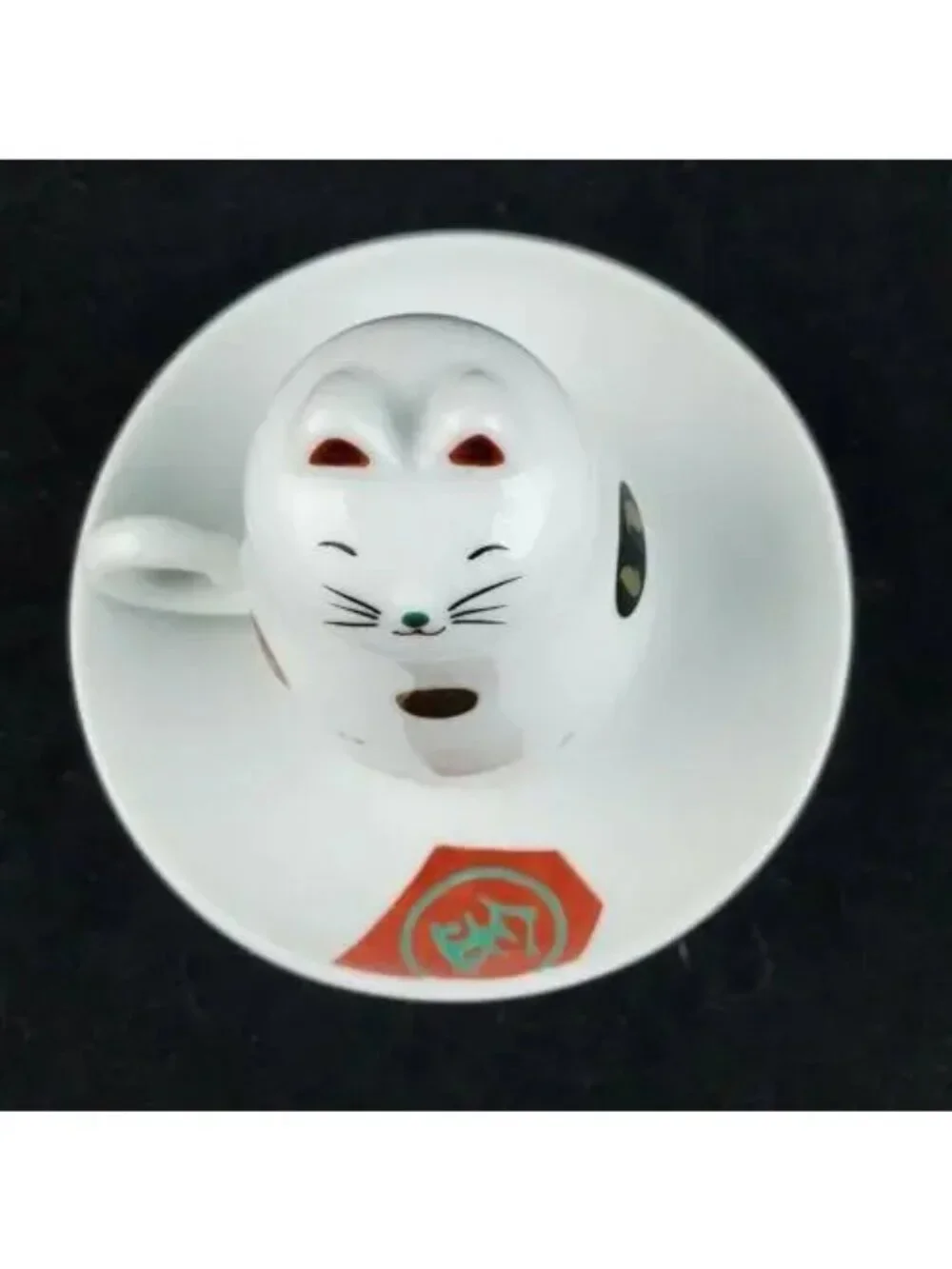 2000s Maneki Neko Cat Teacup Upside Down Cup and Saucer Set- 2 Pieces